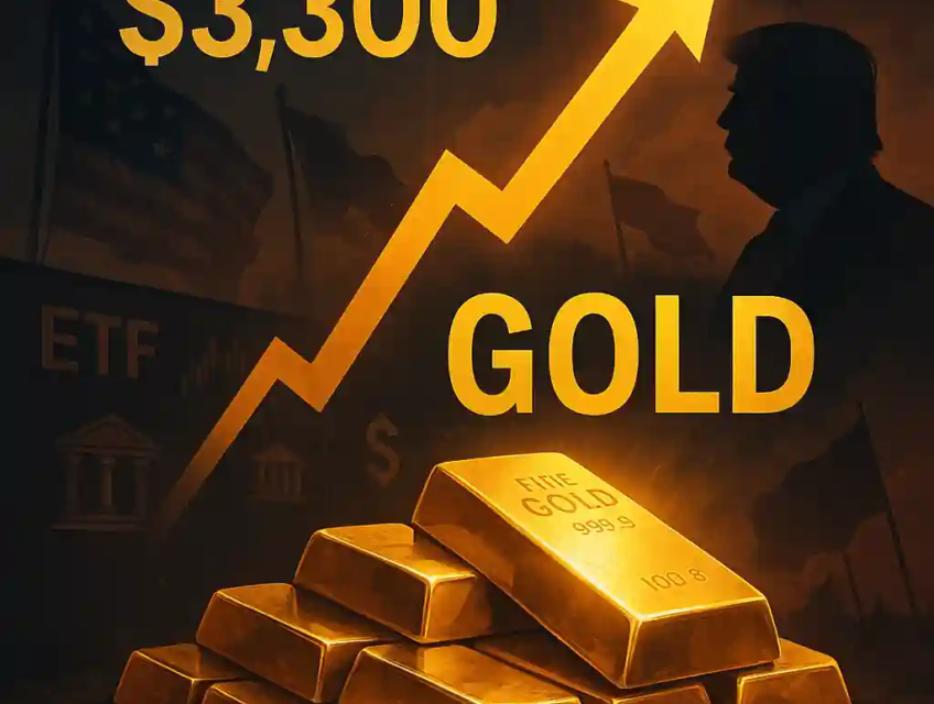 Lingots d’or brillants sous une flèche montante vers 3 300 $, avec fond géopolitique et silhouette de Donald Trump.