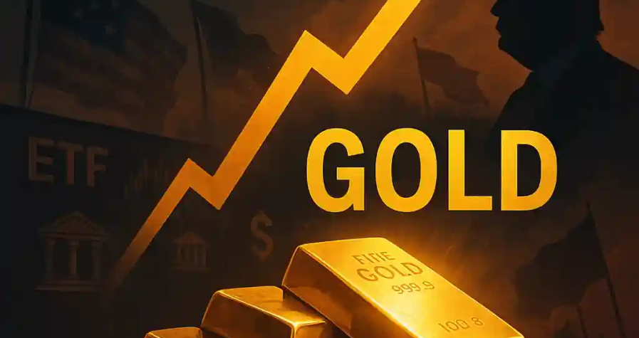 Lingots d’or brillants sous une flèche montante vers 3 300 $, avec fond géopolitique et silhouette de Donald Trump.