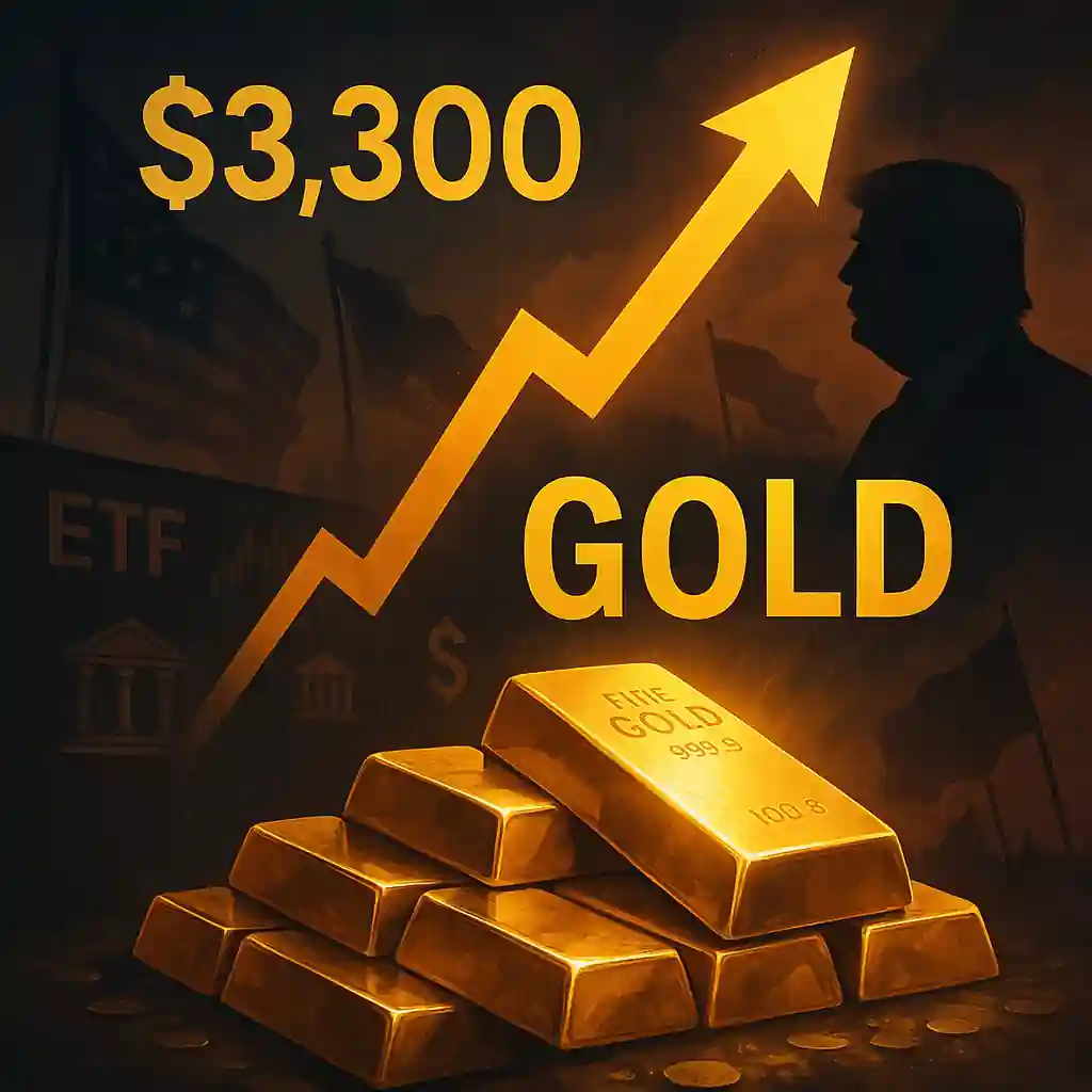 Lingots d’or brillants sous une flèche montante vers 3 300 $, avec fond géopolitique et silhouette de Donald Trump.