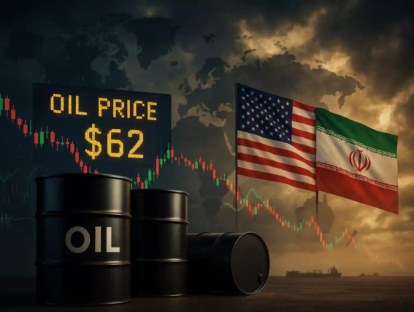 A dramatic image showing oil barrels, fluctuating stock chart, US and Iran flags, and a global map, reflecting oil market uncertainty.