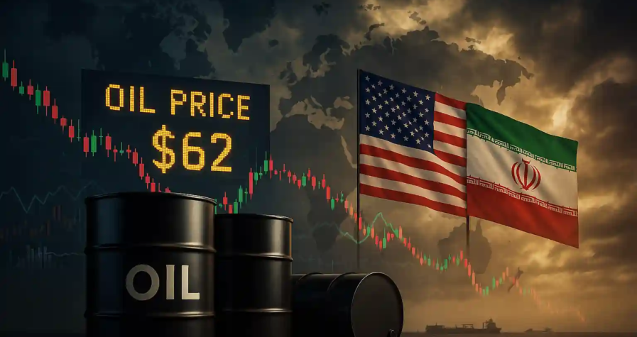 A dramatic image showing oil barrels, fluctuating stock chart, US and Iran flags, and a global map, reflecting oil market uncertainty.