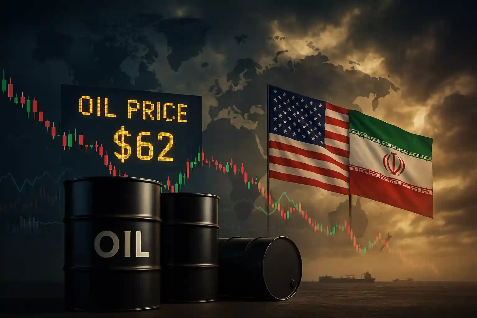 A dramatic image showing oil barrels, fluctuating stock chart, US and Iran flags, and a global map, reflecting oil market uncertainty.