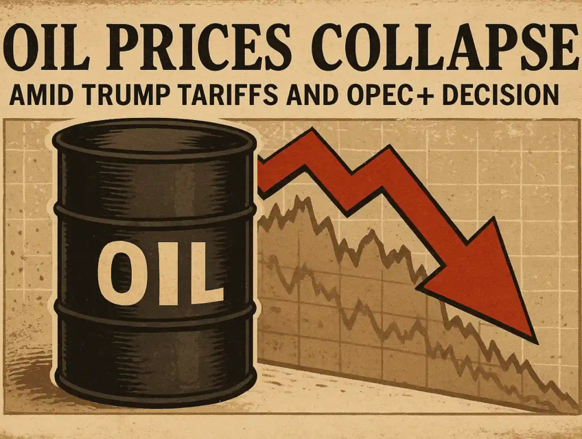 Vintage-style illustration of an oil barrel with a red downward arrow and price chart, reflecting the 2025 oil price collapse.
