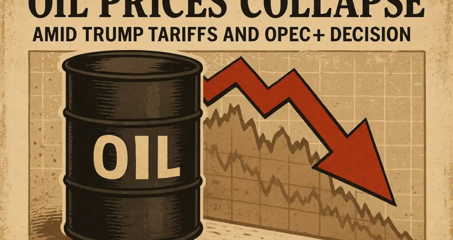 Vintage-style illustration of an oil barrel with a red downward arrow and price chart, reflecting the 2025 oil price collapse.