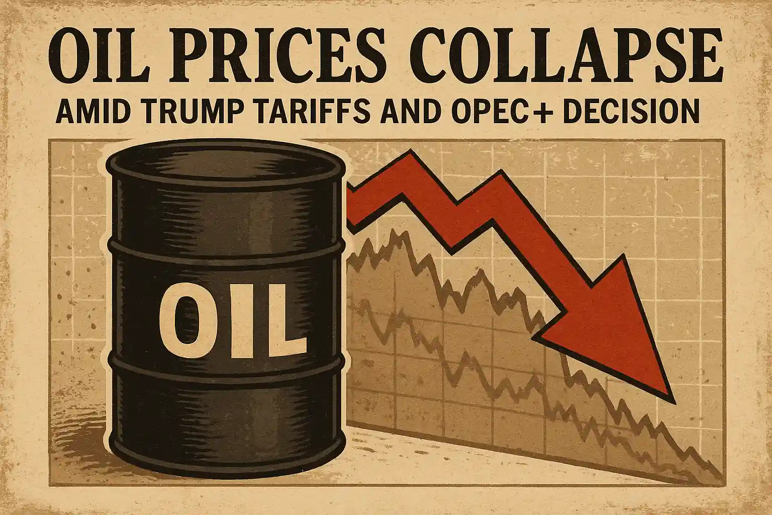 Vintage-style illustration of an oil barrel with a red downward arrow and price chart, reflecting the 2025 oil price collapse.