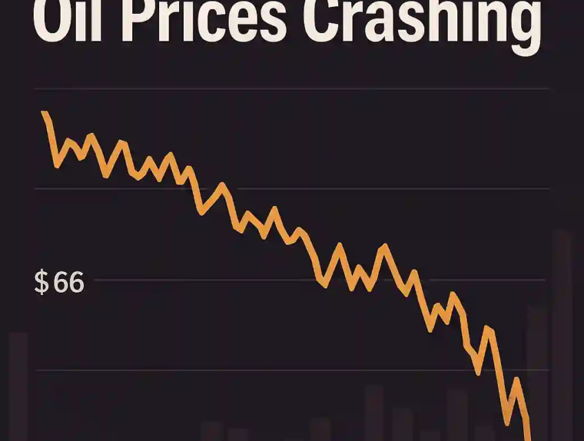 Headline graphic showing oil price crash driven by Trump’s tariffs and OPEC+ production boost with a jagged price chart.