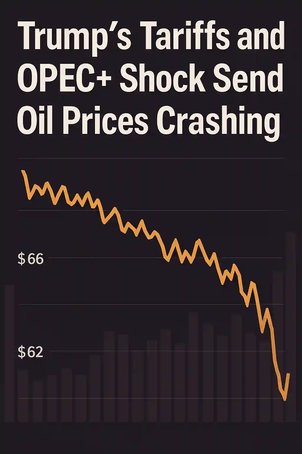 Headline graphic showing oil price crash driven by Trump’s tariffs and OPEC+ production boost with a jagged price chart.
