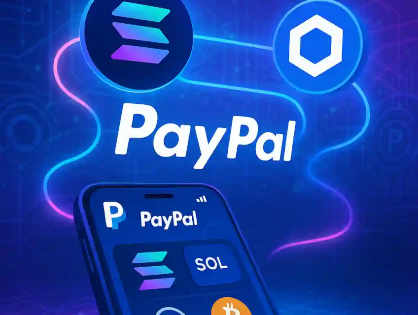 Logo PayPal connecté à Solana et Chainlink sur fond blockchain, avec smartphone affichant un portefeuille crypto.