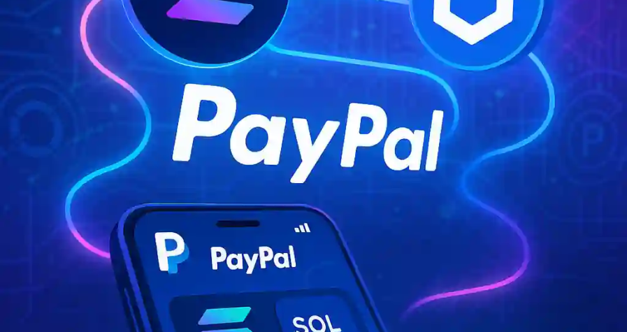 Logo PayPal connecté à Solana et Chainlink sur fond blockchain, avec smartphone affichant un portefeuille crypto.