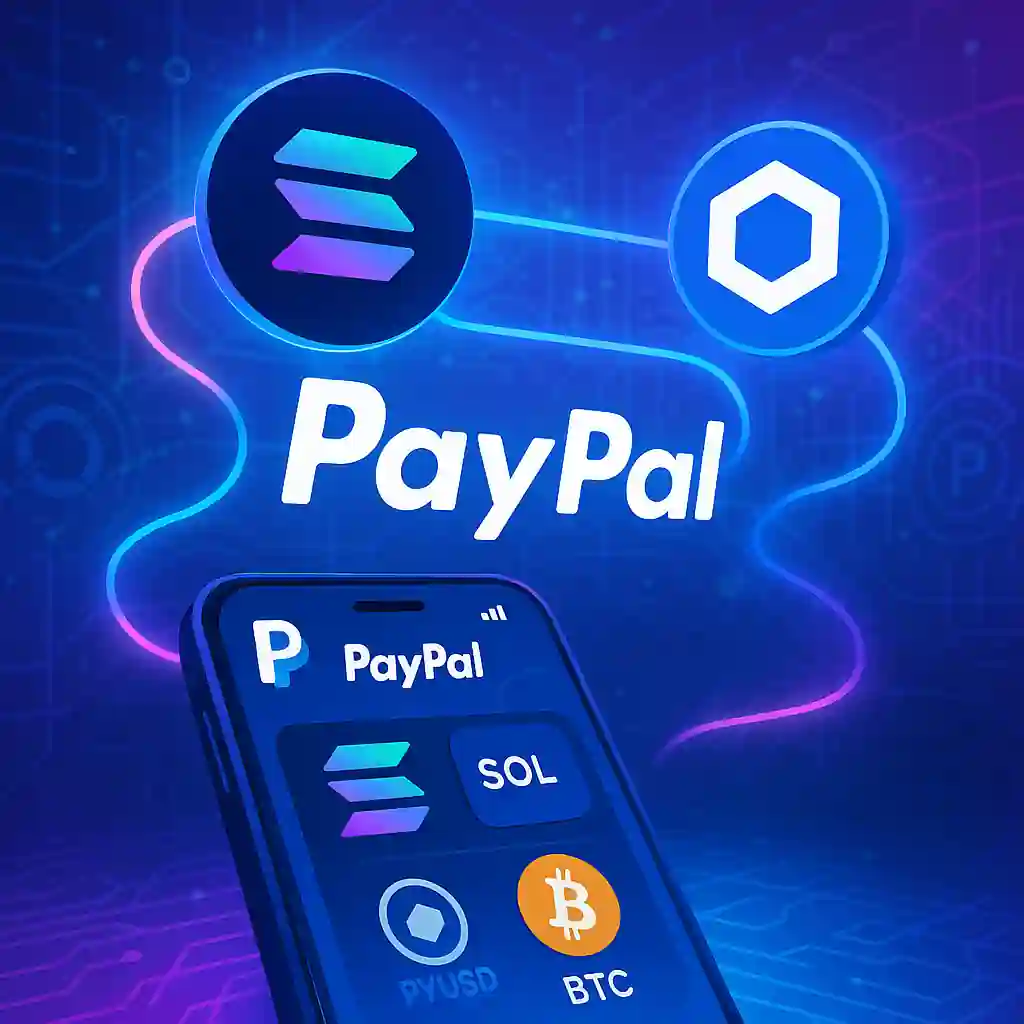 Logo PayPal connecté à Solana et Chainlink sur fond blockchain, avec smartphone affichant un portefeuille crypto.
