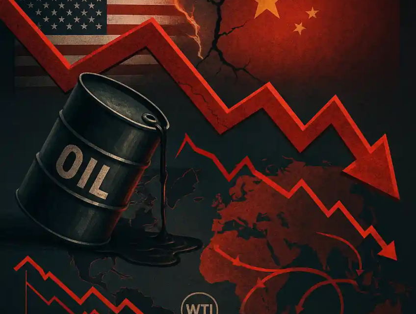 Baril de pétrole renversé, flèche rouge en chute, drapeaux des États-Unis et de la Chine face à face sur fond de carte mondiale.