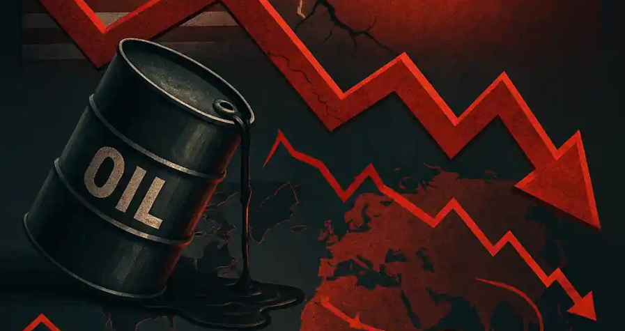 Baril de pétrole renversé, flèche rouge en chute, drapeaux des États-Unis et de la Chine face à face sur fond de carte mondiale.