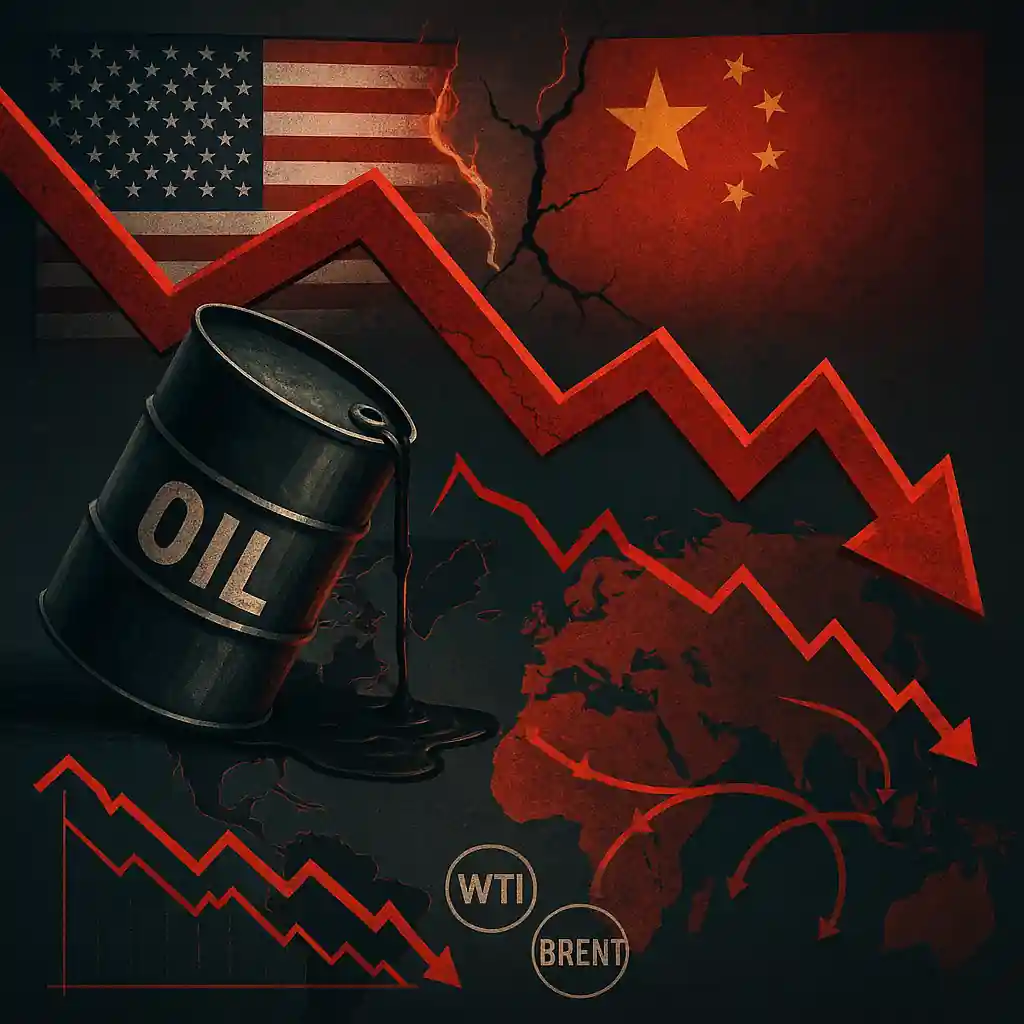 Baril de pétrole renversé, flèche rouge en chute, drapeaux des États-Unis et de la Chine face à face sur fond de carte mondiale.