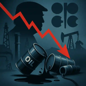 Barils de pétrole renversés, graphique rouge en chute, silhouettes de Trump et logo OPEP+ sur fond bleu-gris.
