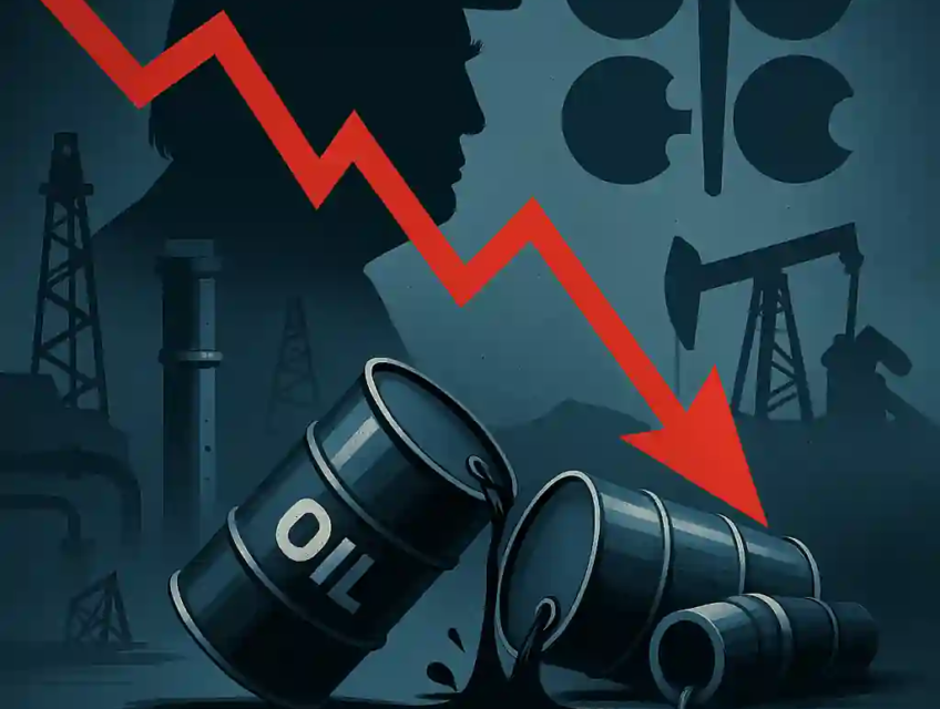 Barils de pétrole renversés, graphique rouge en chute, silhouettes de Trump et logo OPEP+ sur fond bleu-gris.