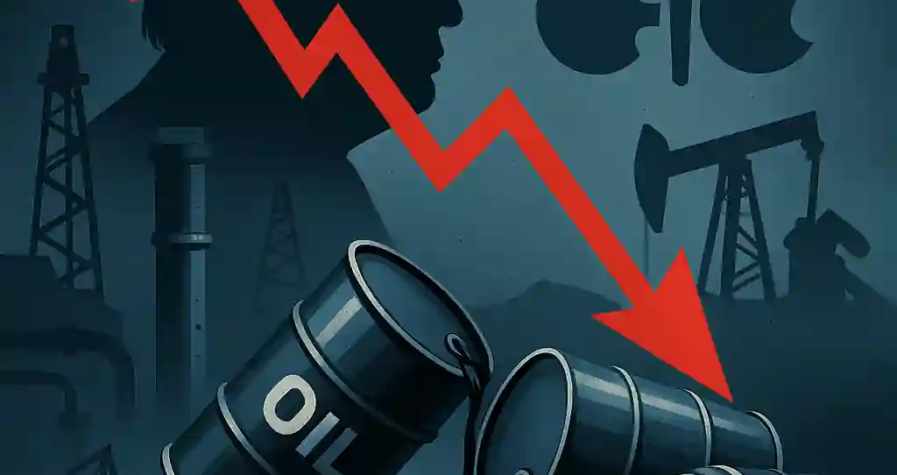 Barils de pétrole renversés, graphique rouge en chute, silhouettes de Trump et logo OPEP+ sur fond bleu-gris.