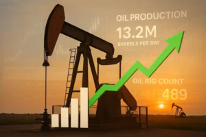 Plateforme pétrolière inactive sur champ ensoleillé avec flèche verte et données sur la hausse de production.