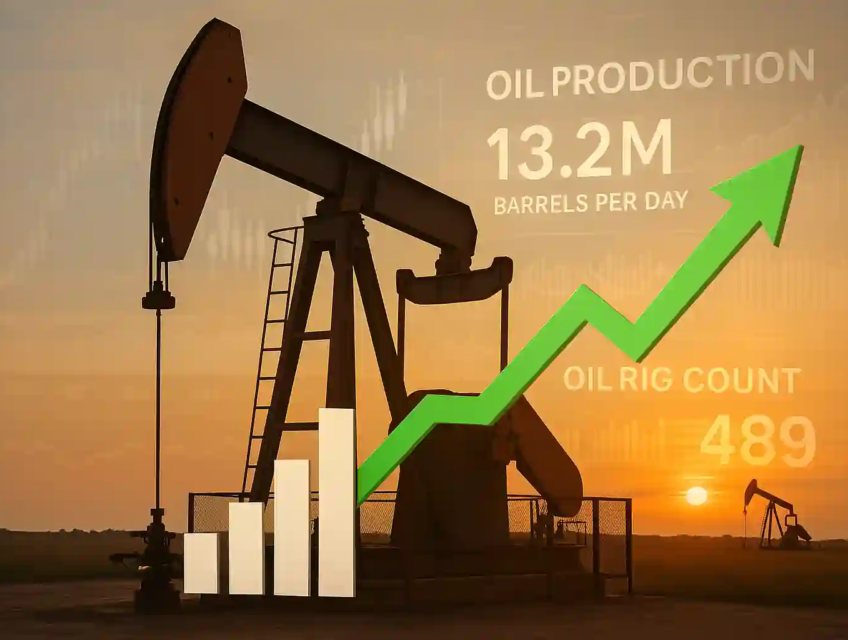 Plateforme pétrolière inactive sur champ ensoleillé avec flèche verte et données sur la hausse de production.