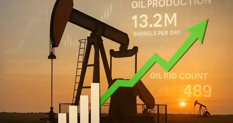 Plateforme pétrolière inactive sur champ ensoleillé avec flèche verte et données sur la hausse de production.
