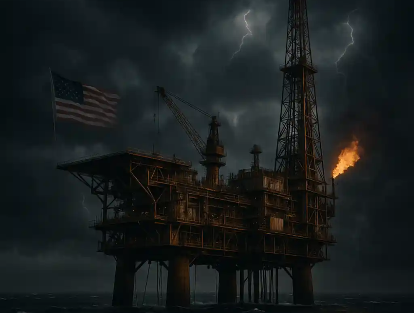 Plateforme pétrolière offshore américaine dans une mer agitée sous un ciel orageux, symbolisant la crise du pétrole.
