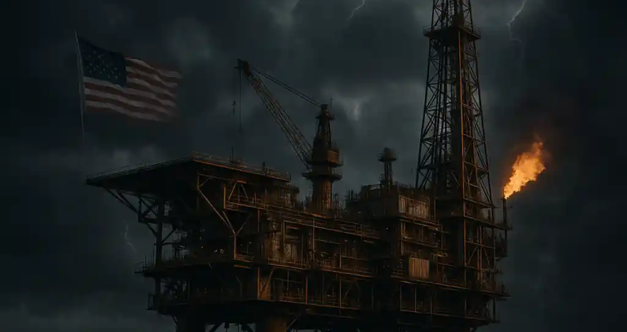 Plateforme pétrolière offshore américaine dans une mer agitée sous un ciel orageux, symbolisant la crise du pétrole.