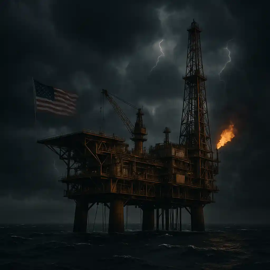 Plateforme pétrolière offshore américaine dans une mer agitée sous un ciel orageux, symbolisant la crise du pétrole.