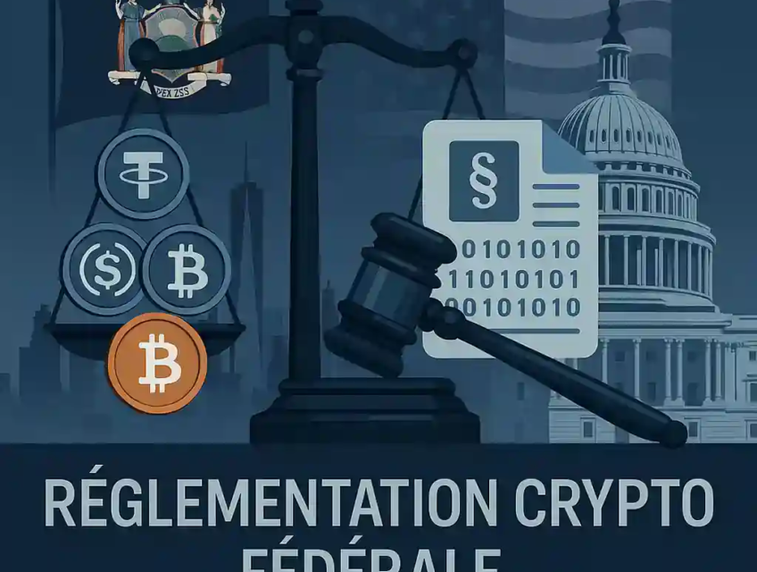 Balance de justice avec pièces crypto, documents législatifs, skyline de New York et Capitole américain sur fond bleu institutionnel.