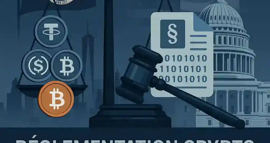 Balance de justice avec pièces crypto, documents législatifs, skyline de New York et Capitole américain sur fond bleu institutionnel.