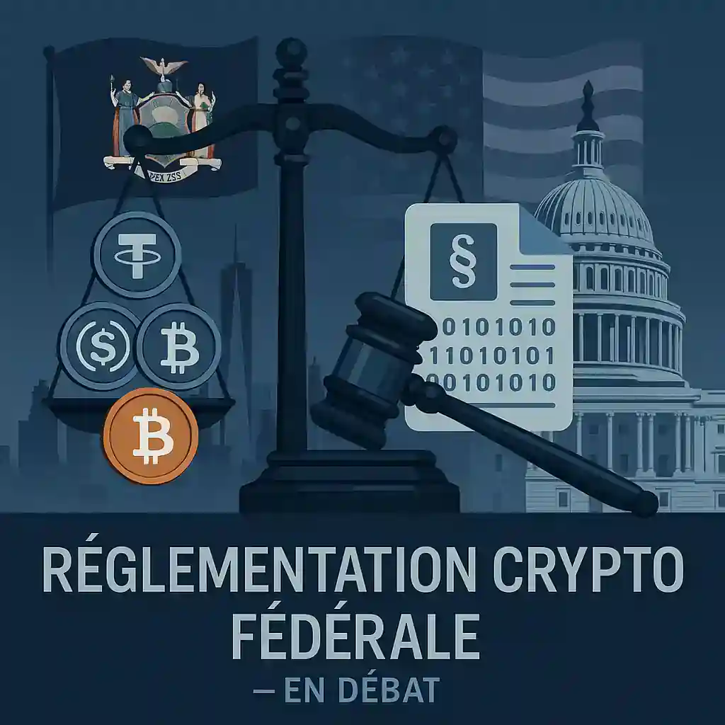 Balance de justice avec pièces crypto, documents législatifs, skyline de New York et Capitole américain sur fond bleu institutionnel.