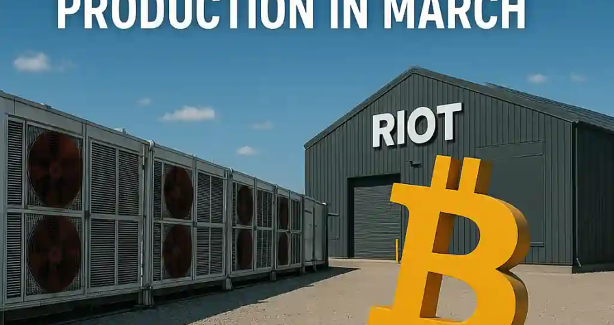 Riot Platforms' mining facility with a large Bitcoin symbol, symbolizing record BTC production and AI infrastructure expansion.