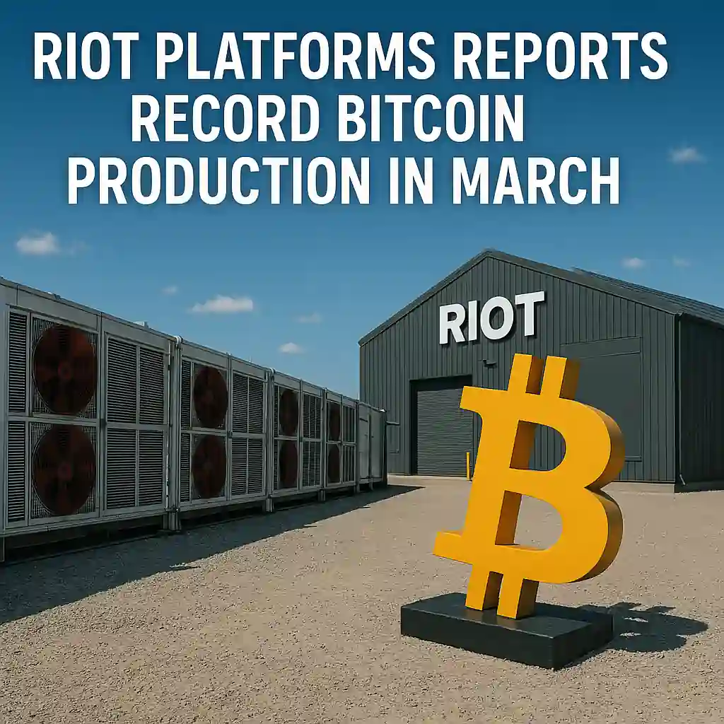 Riot Platforms' mining facility with a large Bitcoin symbol, symbolizing record BTC production and AI infrastructure expansion.