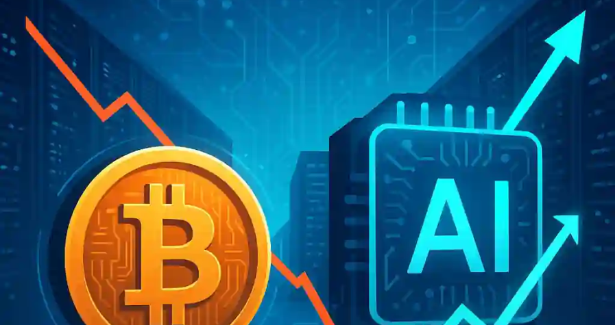 Bitcoin et puce IA brillantes sur fond de data center, avec graphiques croisés montrant la baisse crypto et la croissance IA.