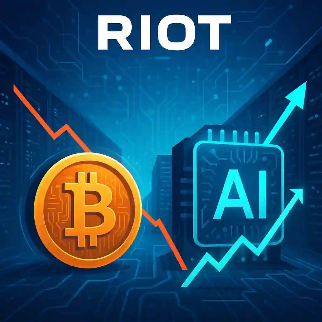 Bitcoin et puce IA brillantes sur fond de data center, avec graphiques croisés montrant la baisse crypto et la croissance IA.
