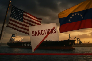 Navire pétrolier Chevron immobilisé dans les eaux vénézuéliennes, avec les drapeaux américain et vénézuélien, et un document marqué "Sanctions" en premier plan.