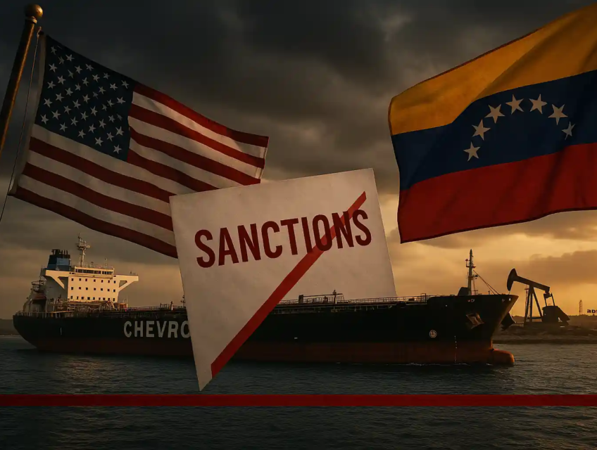Navire pétrolier Chevron immobilisé dans les eaux vénézuéliennes, avec les drapeaux américain et vénézuélien, et un document marqué "Sanctions" en premier plan.