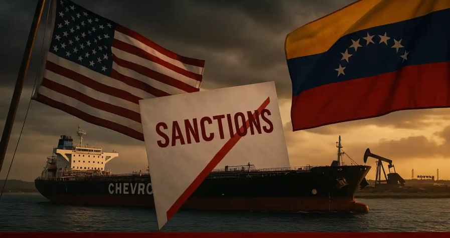 Navire pétrolier Chevron immobilisé dans les eaux vénézuéliennes, avec les drapeaux américain et vénézuélien, et un document marqué "Sanctions" en premier plan.
