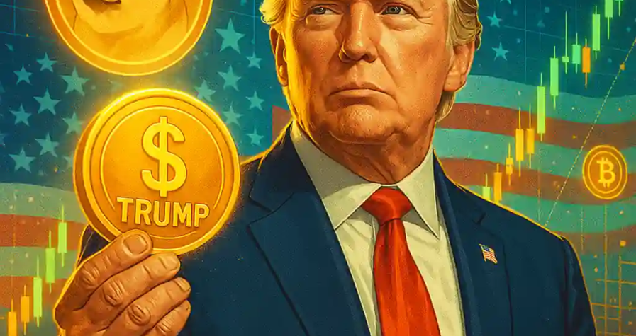 Donald Trump holding a glowing $TRUMP coin with cryptocurrency symbols and charts in the background.