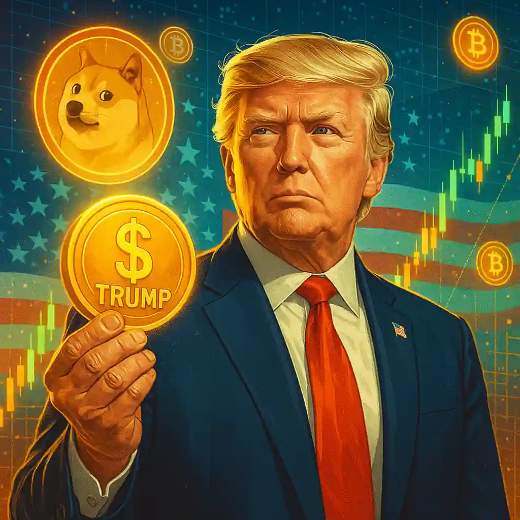 Donald Trump holding a glowing $TRUMP coin with cryptocurrency symbols and charts in the background.