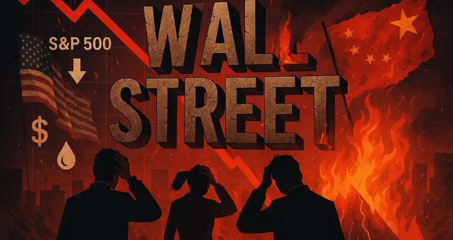 Wall Street fissuré sur fond rouge incendiaire, graphique en chute, drapeaux américain et chinois en tension, ambiance de panique.