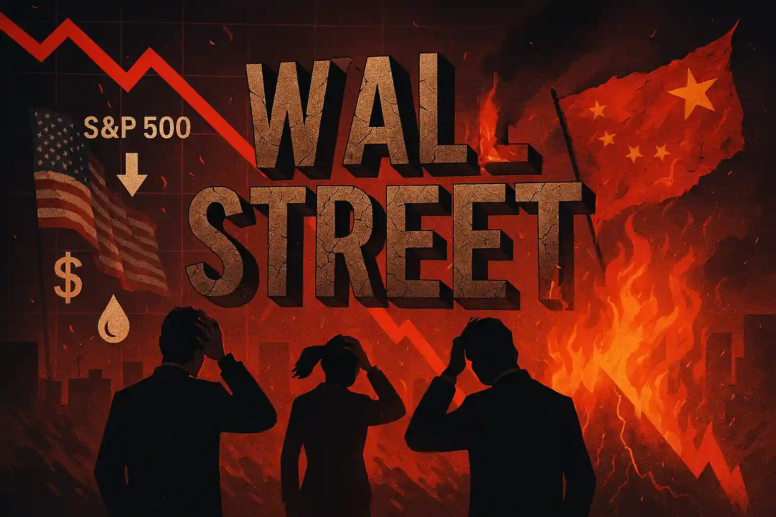 Wall Street fissuré sur fond rouge incendiaire, graphique en chute, drapeaux américain et chinois en tension, ambiance de panique.