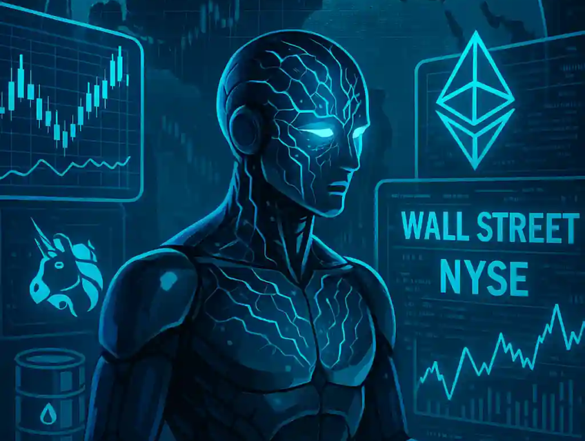 Futuristic AI analyzing global financial markets with blockchain and DeFi interfaces in a high-tech digital environment.