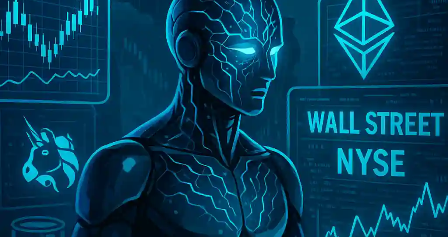 Futuristic AI analyzing global financial markets with blockchain and DeFi interfaces in a high-tech digital environment.
