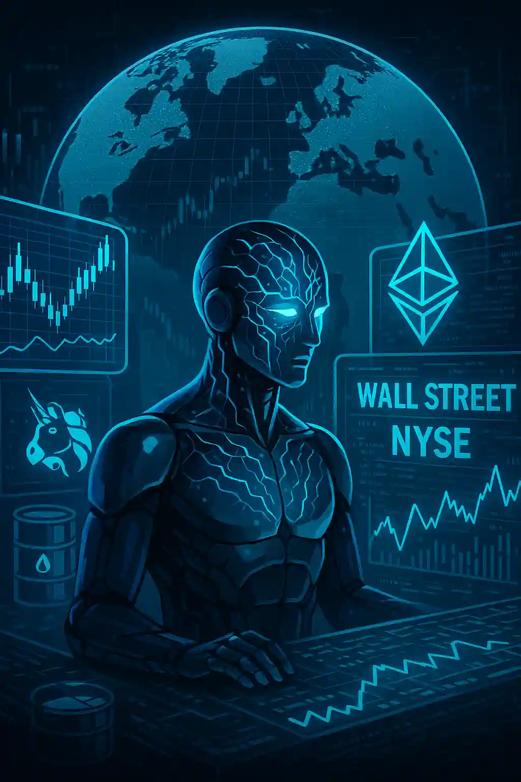 Futuristic AI analyzing global financial markets with blockchain and DeFi interfaces in a high-tech digital environment.