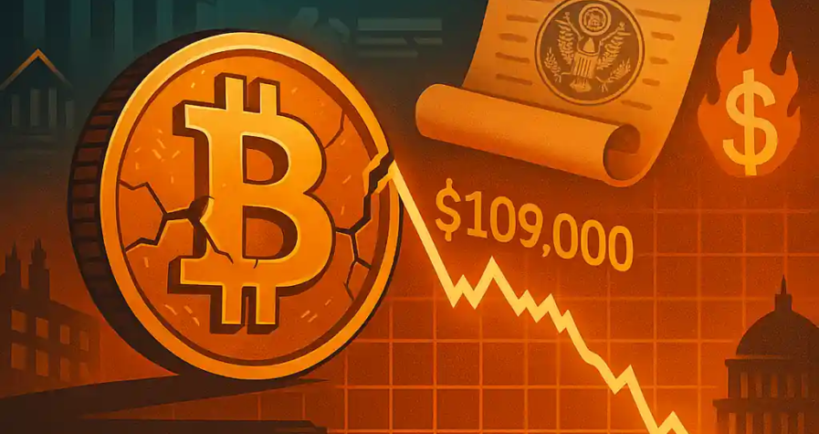 A glowing but cracked Bitcoin coin falls below a strategic reserve scroll and Wall Street sign, with a declining chart behind it.