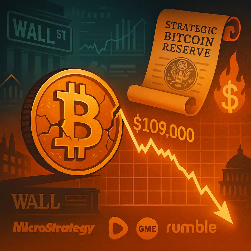 A glowing but cracked Bitcoin coin falls below a strategic reserve scroll and Wall Street sign, with a declining chart behind it.