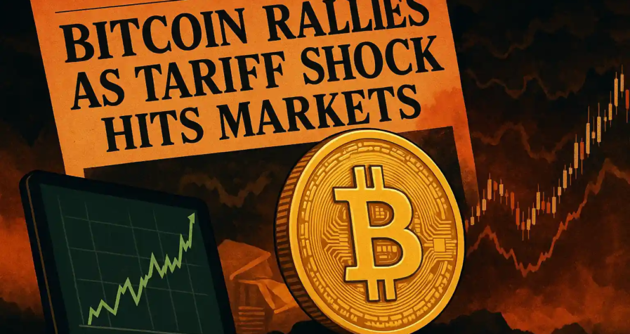 Bitcoin surging as a financial hedge during market turmoil caused by U.S. tariff policy.