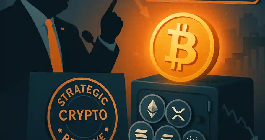 Donald Trump announces the Strategic Crypto Reserve as Bitcoin falls from $100K to $81K and the U.S. Dollar Index declines.