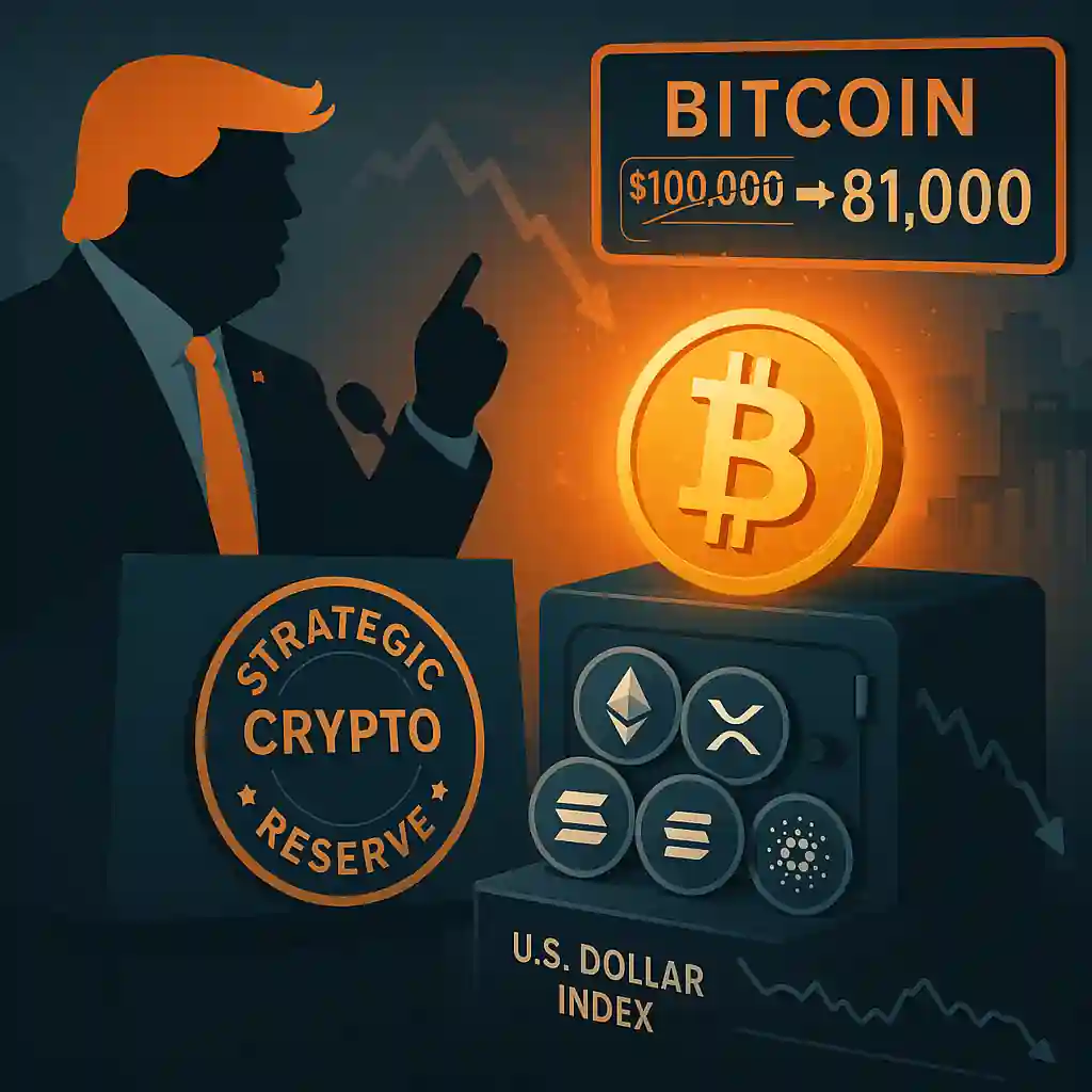 Donald Trump announces the Strategic Crypto Reserve as Bitcoin falls from $100K to $81K and the U.S. Dollar Index declines.