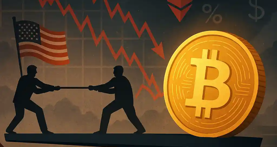 A glowing Bitcoin tilts a balance beam while U.S. and China figures clash, symbolizing crypto's volatility amid global tension.