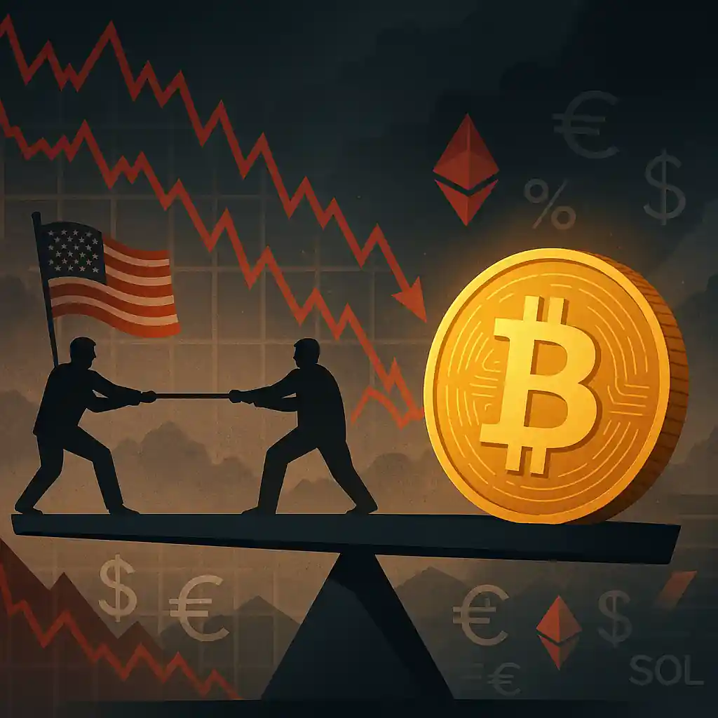 A glowing Bitcoin tilts a balance beam while U.S. and China figures clash, symbolizing crypto's volatility amid global tension.